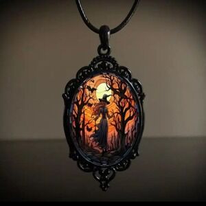 Witch Pendant Necklace Halloween Moon Bat Orange Gothic Oval Dark Forest 18in